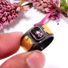 Purple Amethyst Gemstone Black And Gold Plated 925 Sterling Silver Ring s.8 Sku2