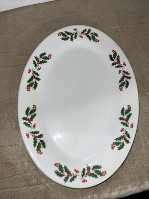 Christmas Holly Berries Pattern Platter 14x10 Large Serving Plate Dish VTG