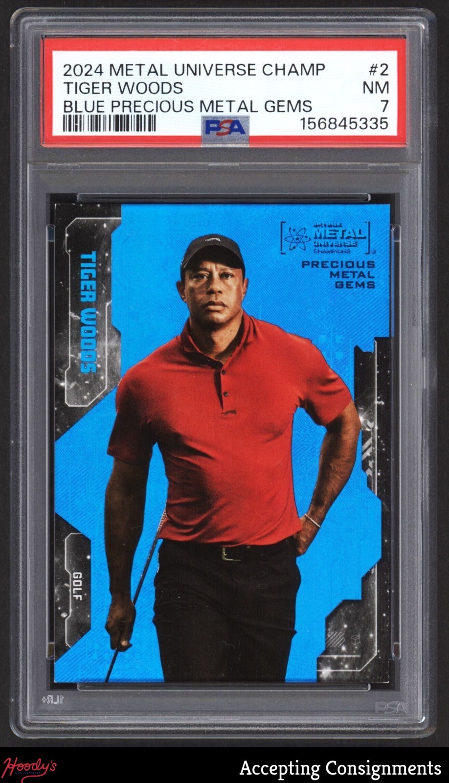 2024 Metal Universe Champions Precious Metal Gems Blue Tiger Woods /50 PMG PSA 7 view 1