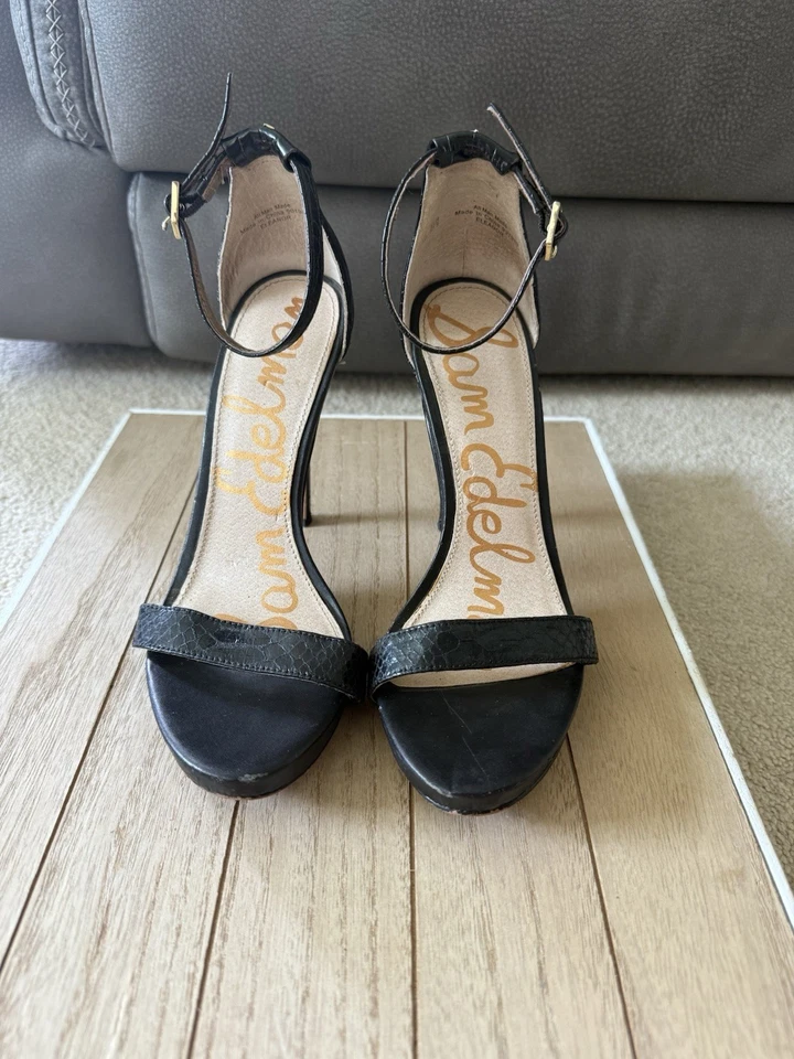 Sam Edelman Heels Size 7.5 Eleanor Black Snake Print Ankle Buckle Strap Open Toe - Image 3 of 4