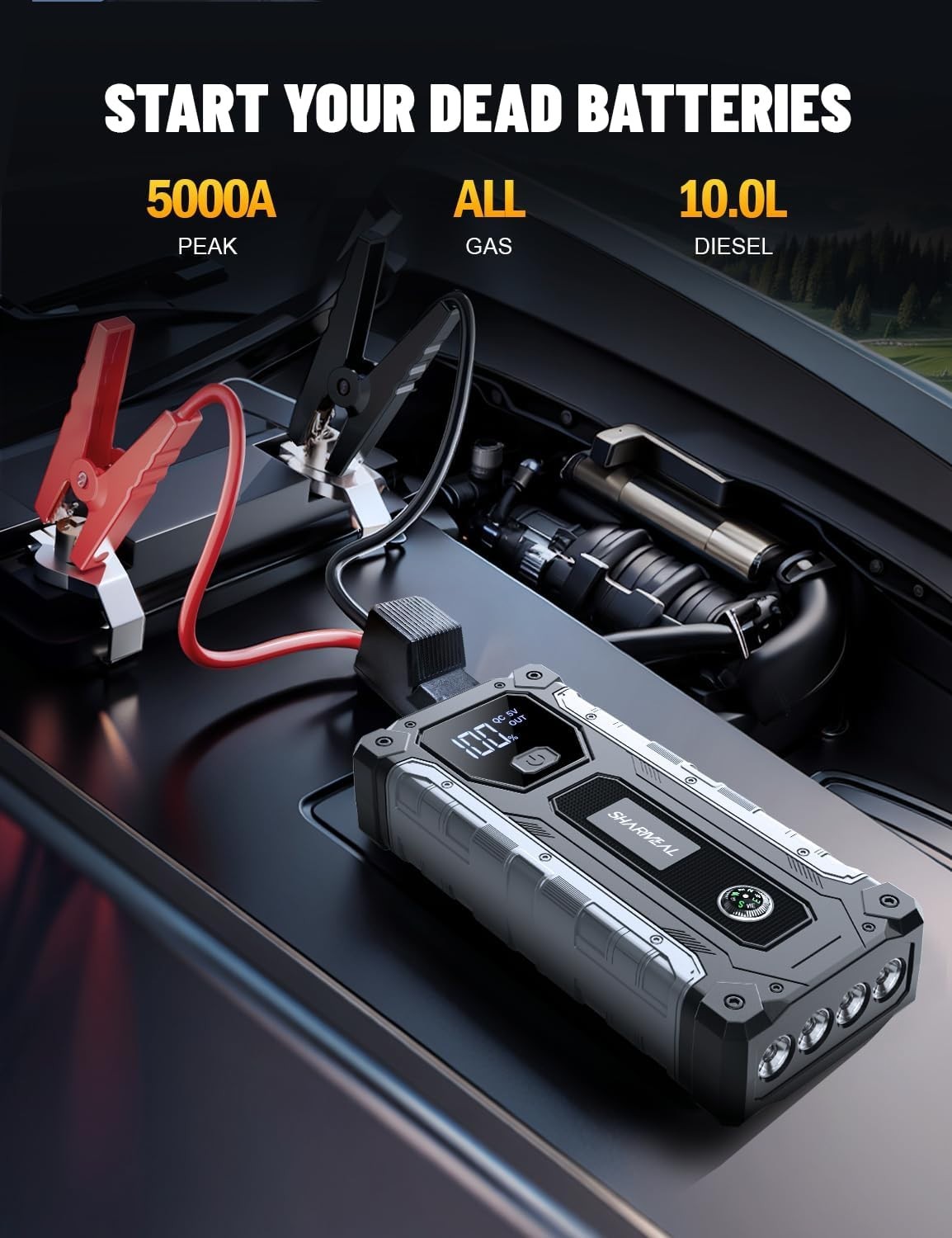 5000A Car Jump Starter with 400-Lumen LED, Portable Power Bank for All Vehicles