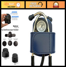 Thick Leather Stethoscope Holder with Hook Loop Closure, Padded Clip - Navy
