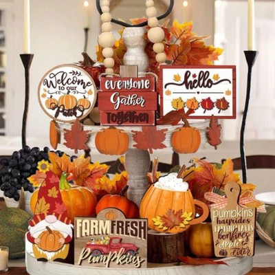 15pcs Fall Tiered Tray Decor Thanksgiving Harvest Wood Block Sign Craft signs
