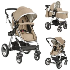 Folding Aluminum Infant Baby Stroller Kids Carriage Pushchair w Diaper Bag Khaki