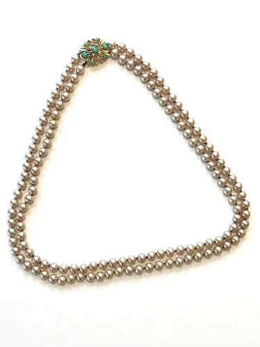 Rare Vintage Miriam Haskell Pearl Necklace Double Strand Ornate Green Clasp