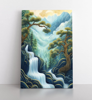Mystical Waterfall Mountain Landscape Painting Print on Framed Canvas Wall Art