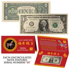 2026 CNY Chinese YEAR of the HORSE Lucky Money $1 Bill w/ Red Folder - S/N 88