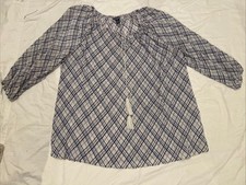 Chaps Denim By Ralph Lauren Blue Plaid Peasant Blouse BOHO Tassel Tie VTG Sz Lg