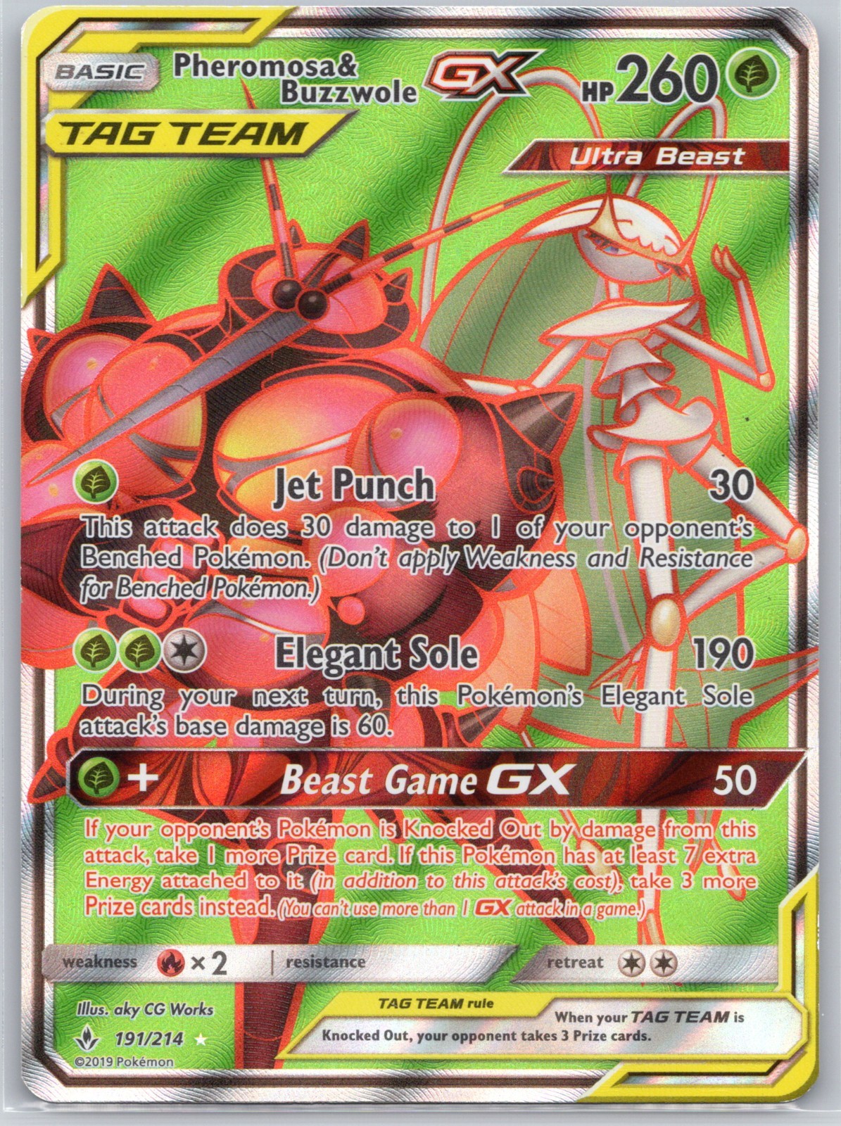 Pheromosa & Buzzwole GX (Full Art) 191/214 Ultra Rare SM Unbroken Bonds PTCG NM