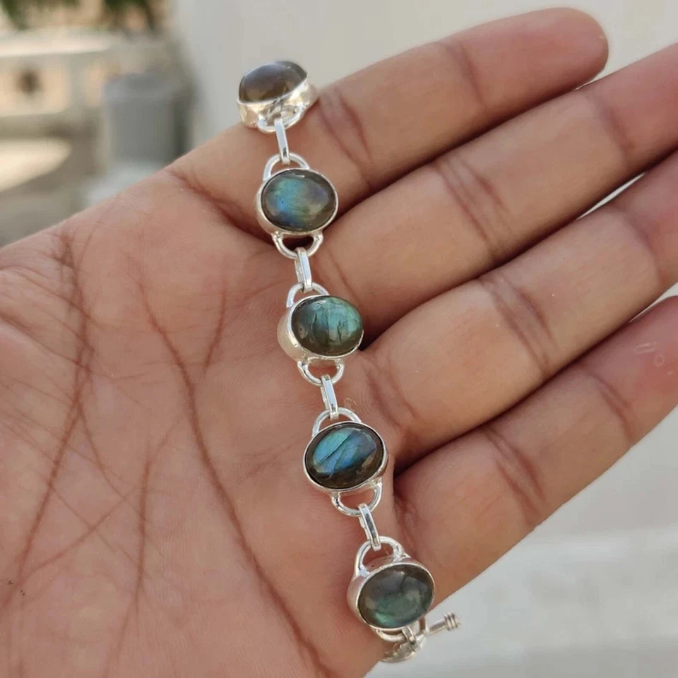 Natural Labradorite Bracelet 925 Sterling Silver Handmade Oval Stone Jewelry h49 - Image 3 of 4
