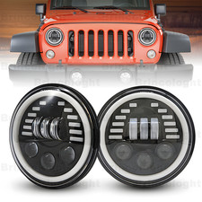 Pair 7 Round Black Led Headlights Halo Angel Eyes For Jeep Wrangler Jk Tj Cj Lj