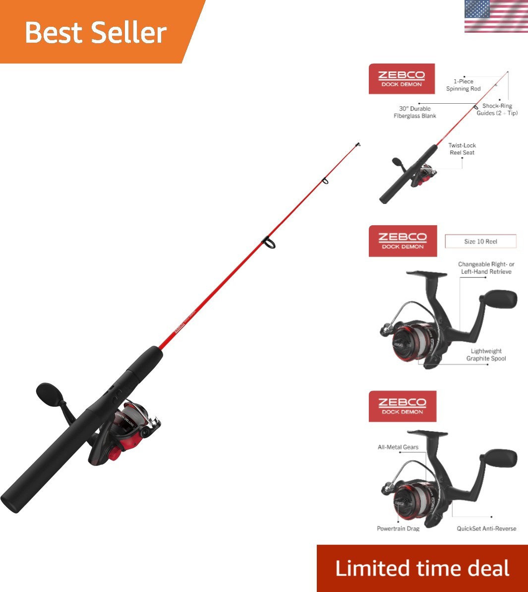 Durable Dock Demon Fishing Combo - 30-Inch Fiberglass Rod with Anti-Reverse Reel