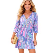 Lilly Pulitzer Large Dress Blue Pink Shift Above Knee Mini V Neck Cotton 429