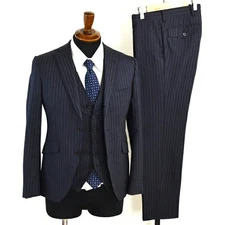 Suit Company 100's Fabric 3 Piece 2 Button Single Suit S YA4 Dark Navy Striped