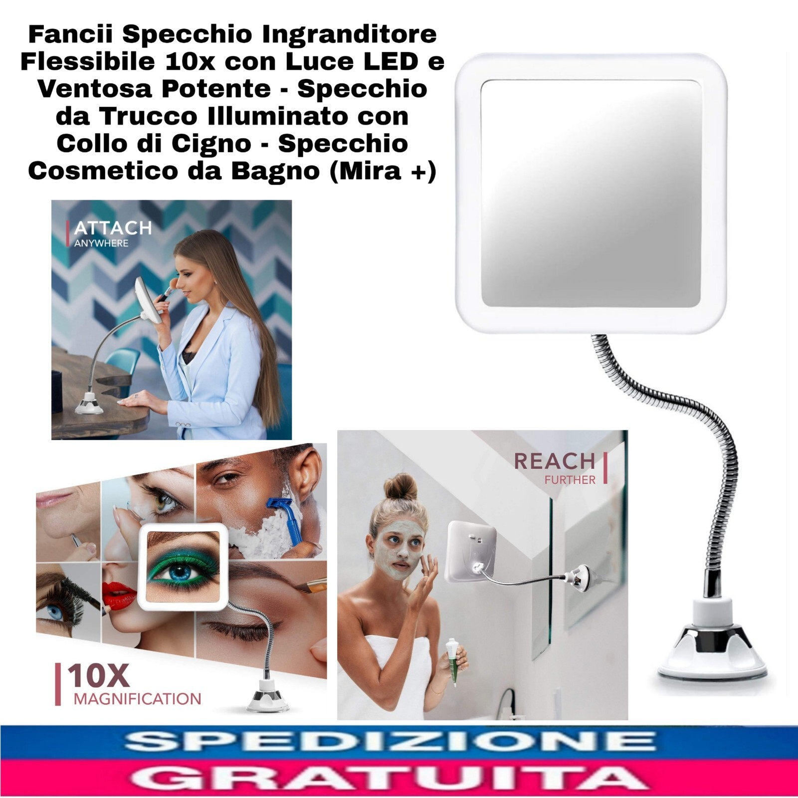 Specchio Ingranditore 10x Flessibile LED - Specchio Trucco con Ventosa