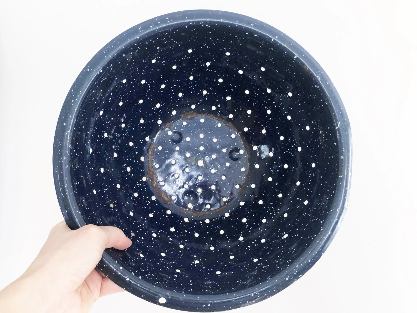11-1/8" Vintage 1940s Navy Blue Speckled Enamel Colander Vintage Enamel Strainer