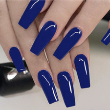 LONG COFFIN *ROYAL NAVY* Ballerina Full Cover 24 Nail Tips Press On Glue Set!