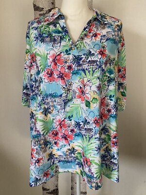 Cathy Daniels Knit SS Plus Size 2X Blouse Travel Tropical Floral Embellished