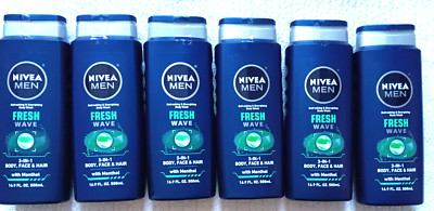 Nivea Men Body Wash Lot of 6 Fresh Wave Menthol 3 in 1 Body Face Hair 16.9 oz