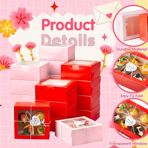 50 Pcs Valentine's Day Bakery Boxes with Window 6x6x3 Inch Pink Cookie Boxes ... - Picture 6 of 7