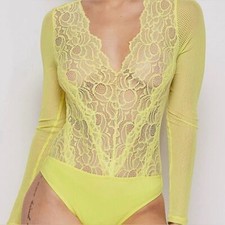 Yellow Lace Sheer Bodysuit Size Small NEW
