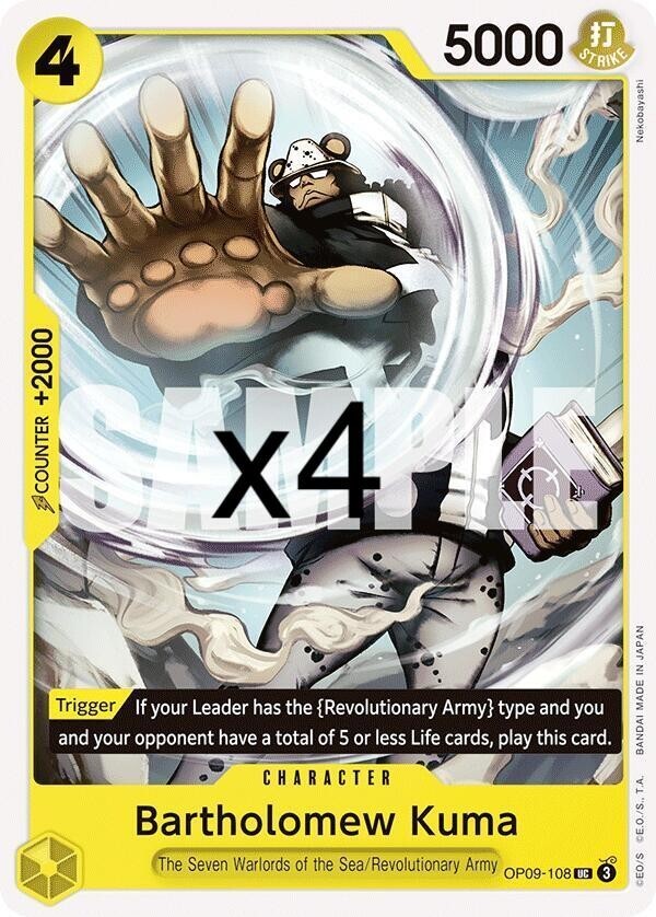4X One Piece Card Game Bartholomew Kuma OP09-108 Uncommon NM