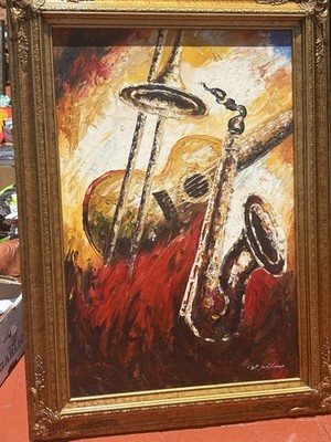 R. Wilcox Oil on Canvas Painting Signed 22'' x 18''  Band/ Instruments 