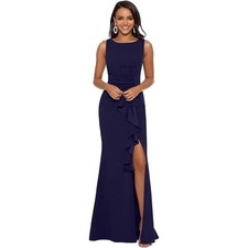Betsy  Adam Gown Women Size 4 NWT Navy Blue Ruffle Front Formal Dress side slit