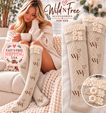 Fall Boot Socks with buttons made with Lace and Crochet BEIGE over the knee