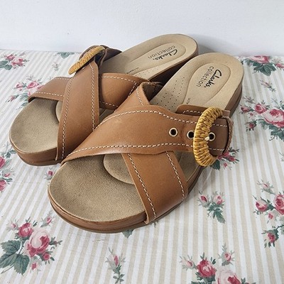 Clarks Reileigh Bay Bamboo Criss Cross Slide Sandal Womens 7 Cinnamon Leather