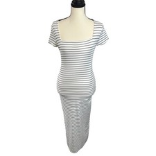 Faded Rose White Black Striped Ribbed Midi Bodycon Dress Square Neck Women's M