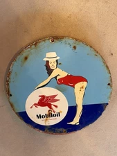 Vintage 12” Porcelain Sign - “MOBILOIL BIKINI GIRL”