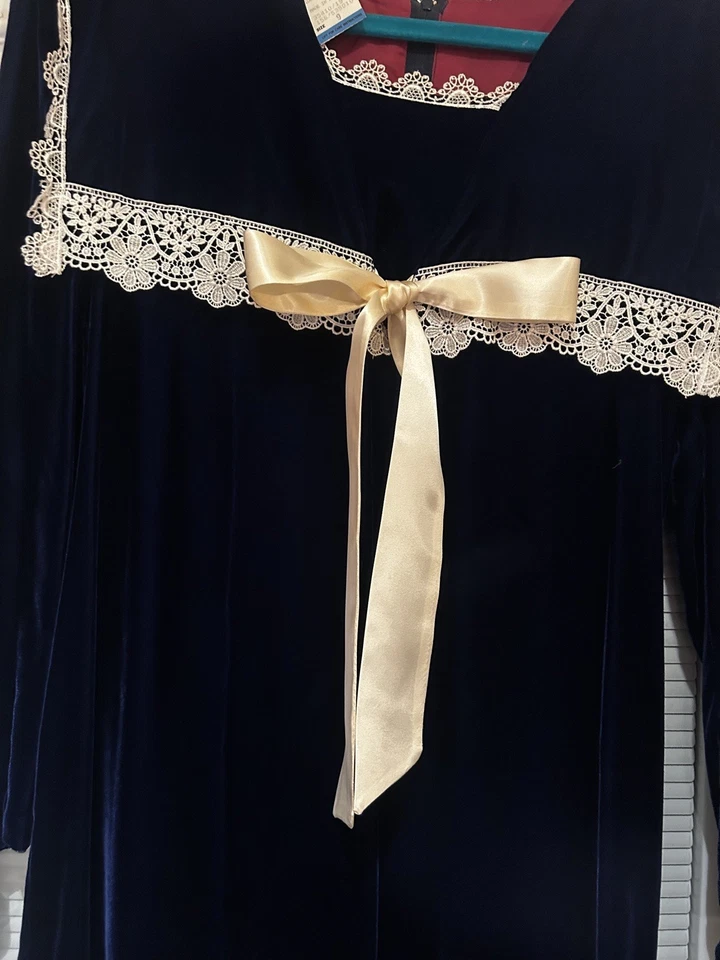 Vestido Gunne Sax vintage años 70 para mujer 9 azul terciopelo midi pradera encaje ribete Foto 2 de 4