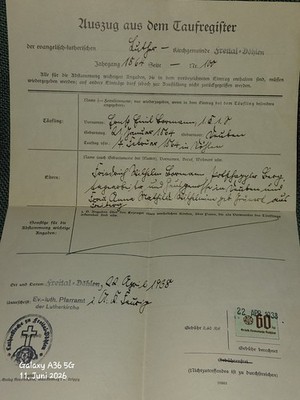 Old extract baptism register 1864-parish Freital 1938