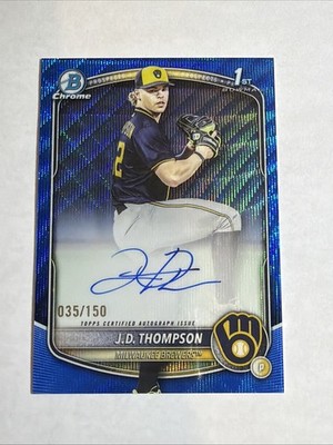 2025 1st Bowman Draft Chrome Blue Wave Ref J.D. Thompson Auto 35/150 RC Brewers