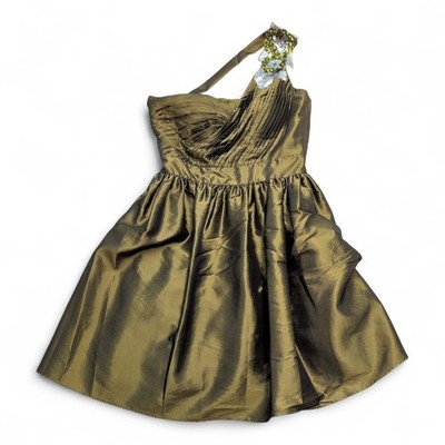 Adrianna Papell Olive One-Shoulder Pleated Cocktail Dress Sz 6