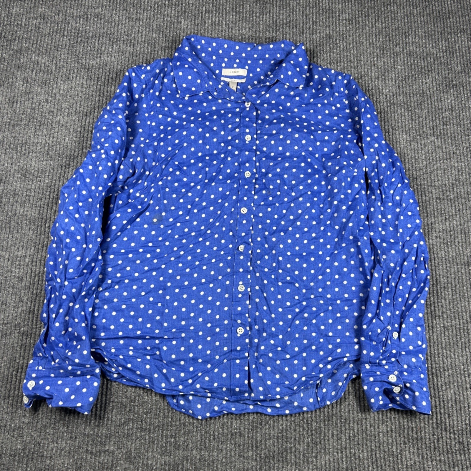 J. Crew Perfect Shirt Womens 12 Blue White Polka Dot Linen Long Sleeve Button Up