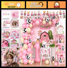 Farm Animal Birthday Party Supplies - 131 PCs Decorations, Pink Barnyard Backdro