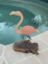 John Perry Vintage Frosted FLAMINGO Sculpture Wooden Base DRIFTWOOD Art 11”x7”