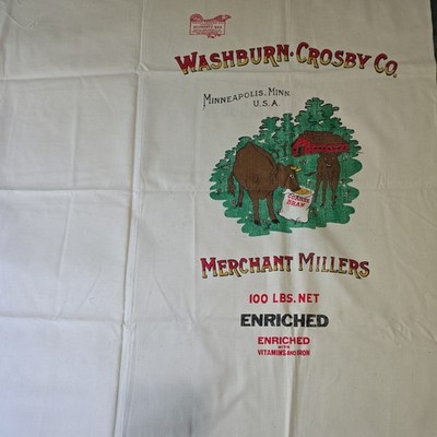 (2) Vintage Washburn Crosby Co Merchant Millers Grain Flour Sack Fabric Farm Cow