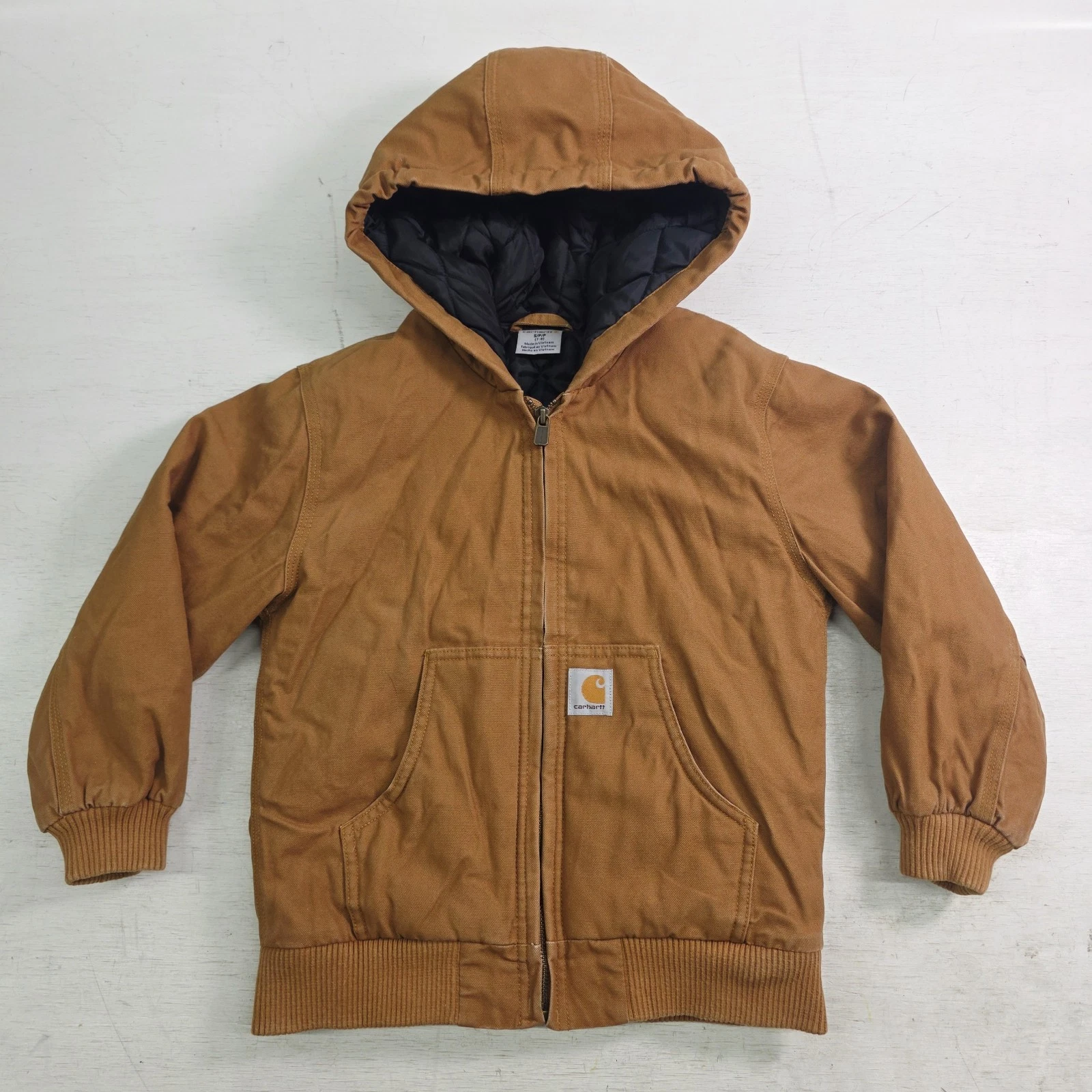 Carhartt Brown Duck Canvas Hooded Full Zip Quilt Lined Jacket Youth Boys S 7/8