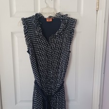 Tory Burch Button Down Navy Blue Sleeveless Polka Dot Dress Lined,  Sz 12