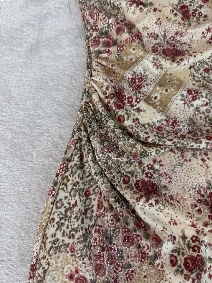 Vintage Rocket Candy Dress Brown Metallic Floral Y2k Sparkle Halter Ruched HOT - Image 4 of 4