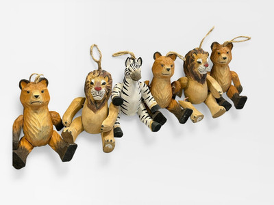 Vintage Hand Carved Wooden Jointed Animal Ornaments Set 6 Primitive Shelf Sitter