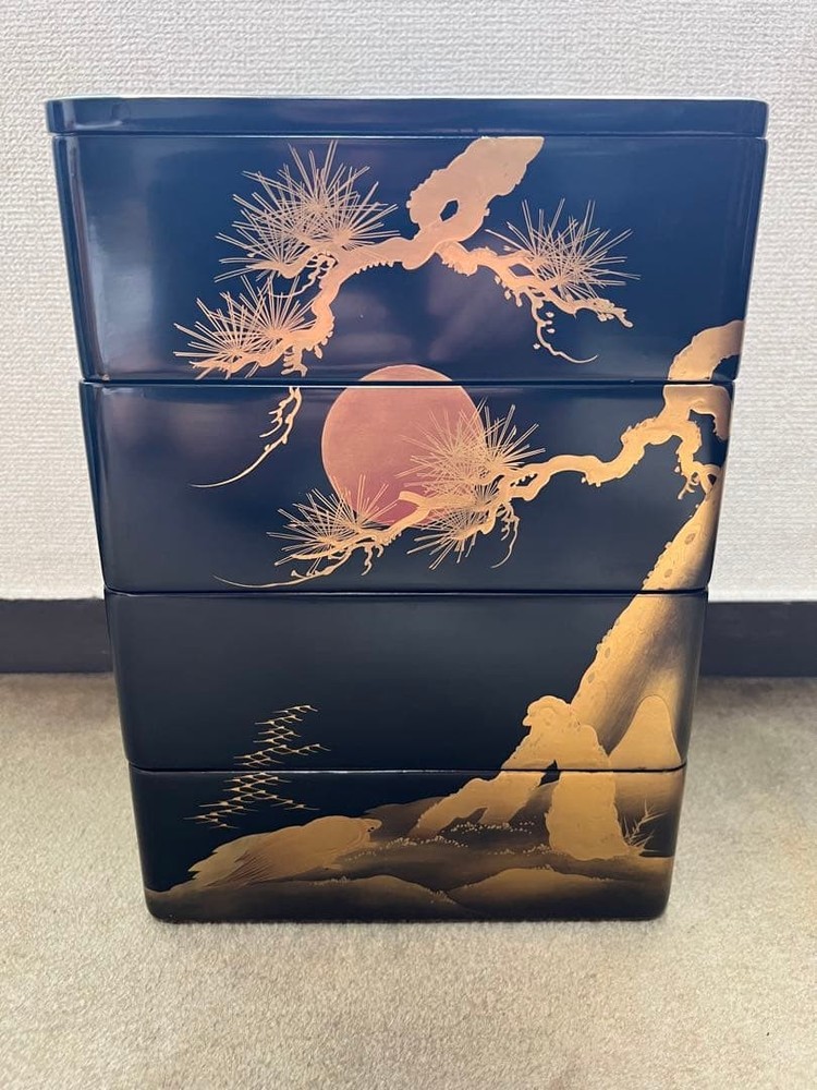 Jubako Bento Box Japanese Lacquer Wooden Makie Gold 4 Tiers Crane Turtle Pine An