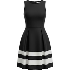Calvin Klein Fit and Flare Dress Womens 2 Black Striped Pleated Sleeveless