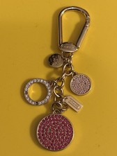 Coach Multi-Charm Gold Keychain with Pave Crystals Pink Clear Circle Bag Charm