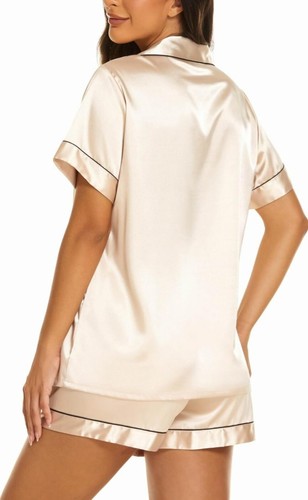 Seidenpyjama Damen Kurzarm Nachtwäsche weicher Satin Knopf Gr. Small champagner - Bild 3 von 5