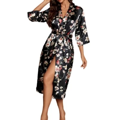 Sexy bata kimono estampados florales ropa para dormir noche satinado de seda para mujer