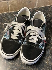 VANS Old Skool Blue Red Flames Black Skeletal Unisex Shoe Size M 5.5 W 7.0